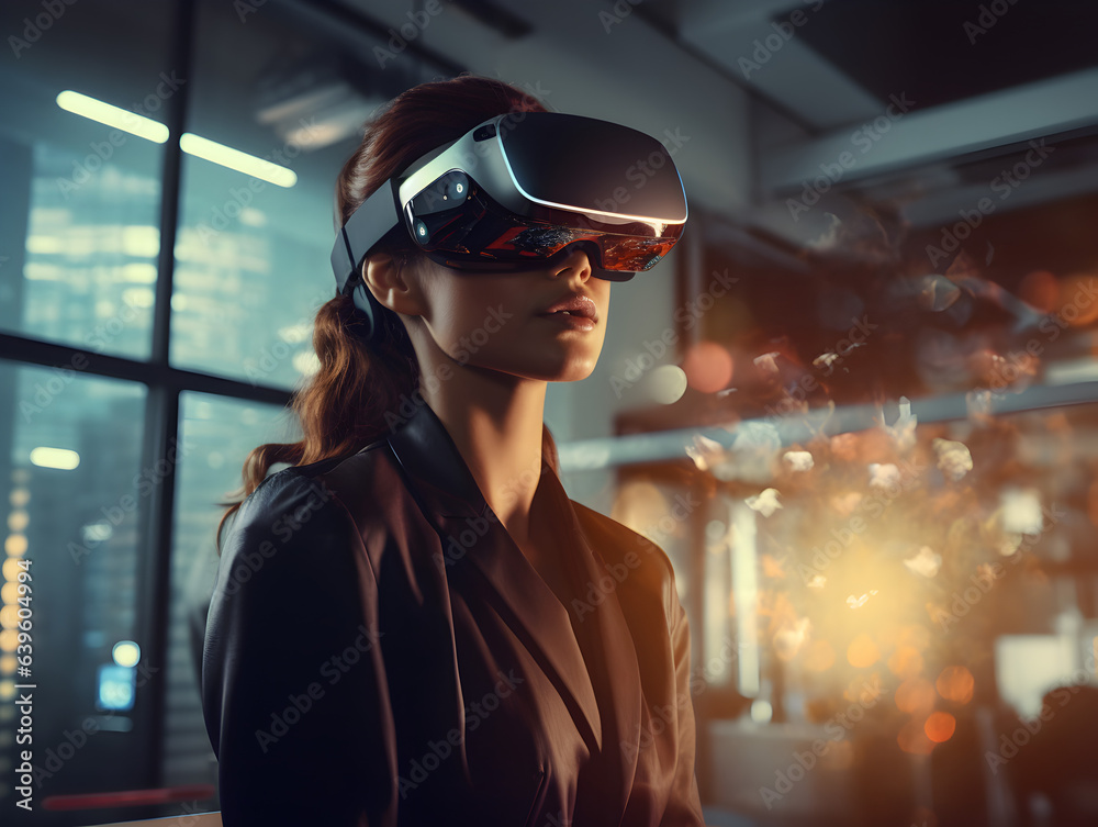 Woman wearing VR AR glasses Virtual Reality Augmented Reality in Office business space Virtual meeting Woman wearing VR AR glasses Virtual Reality Augmented Reality in Office business space Virtual meeting