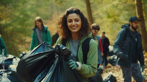 volunteer collecting trash smile happiness. Generative AI