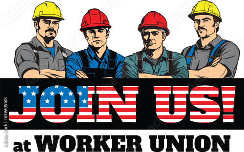Vector illustration of worker man and worker union text from United States of America