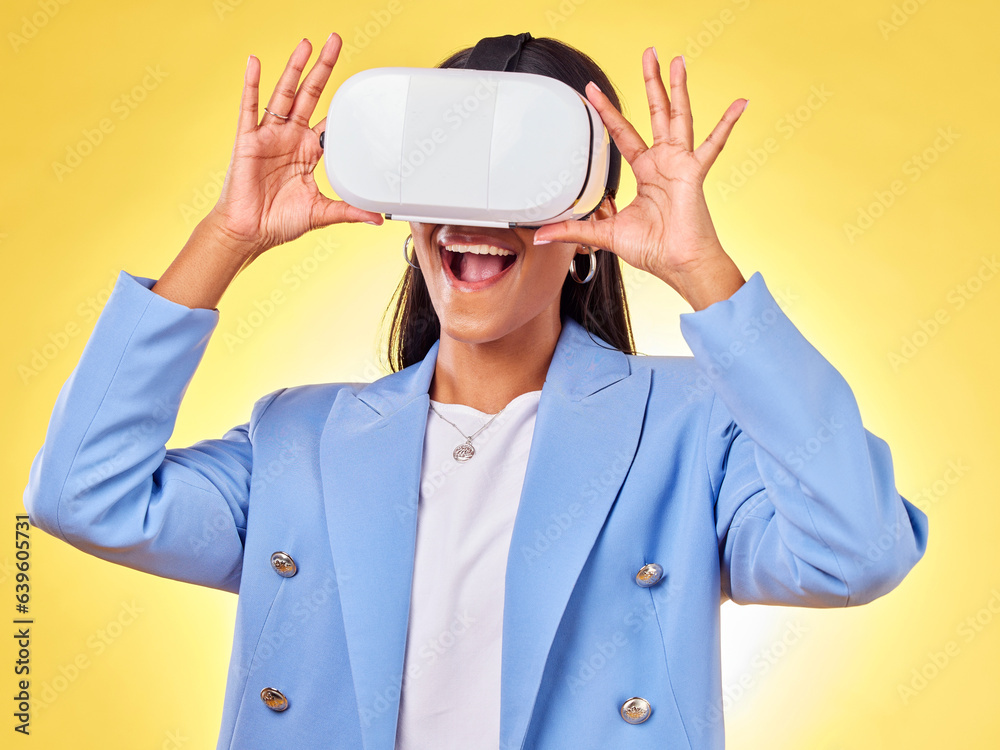 Business woman, virtual reality vision and studio with hands, smile and 3d user experience by yellow background. Futuristic tech entrepreneur, ar glasses and excited for metaverse, cyber ui or system Business woman, virtual reality vision and studio with hands, smile and 3d user experience by yellow background. Futuristic tech entrepreneur, ar glasses and excited for metaverse, cyber ui or system