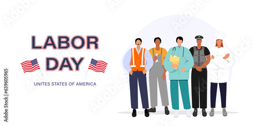 Happy Labor Day text with workers of different professions isolated on white background. USA Labor Day horizontal banner.