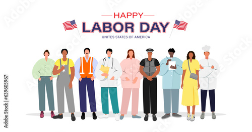 Labor Day illustration. Happy Labor Day text with workers of different professions isolated on white background. USA Labor Day vector banner.