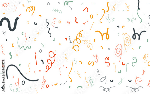 Colorful multicolored seamless pattern of  colorful doodle and party ribbons. Hand drawn drawing isolated on white background