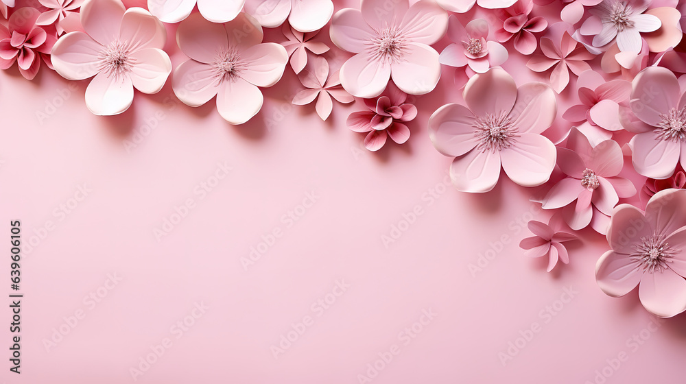 Valentine's Day background, Frame made of pink flowers, hearts on pastel pink. Generative Ai