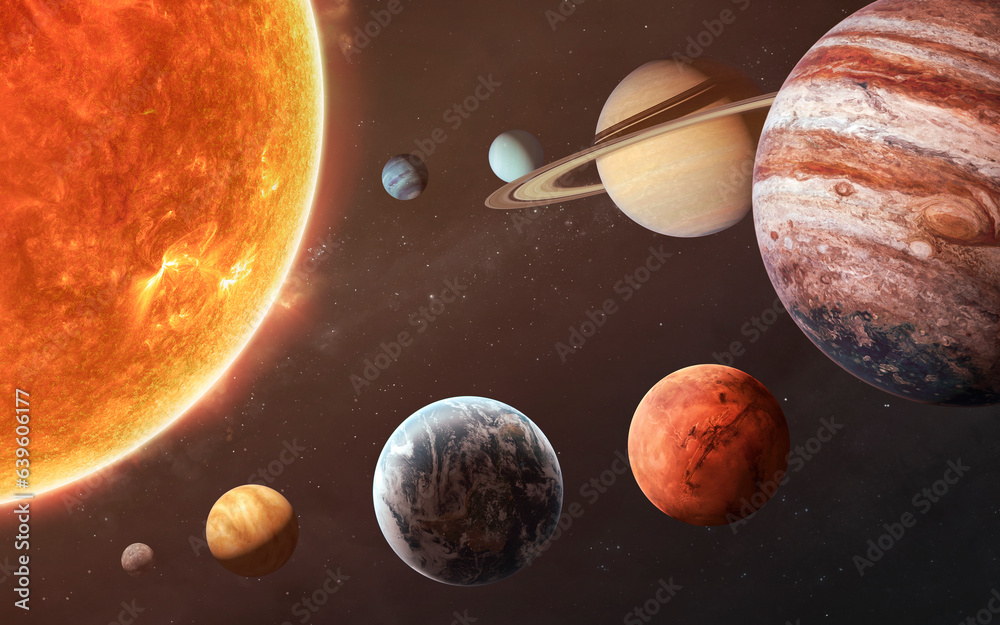 3D illustration of Solar system planets and objects. Sun, Mercury, Venus, planet Earth, Mars, Jupiter, Saturn, Uranus, Neptune. 5K realistic science fiction art. Elements of image provided by Nasa