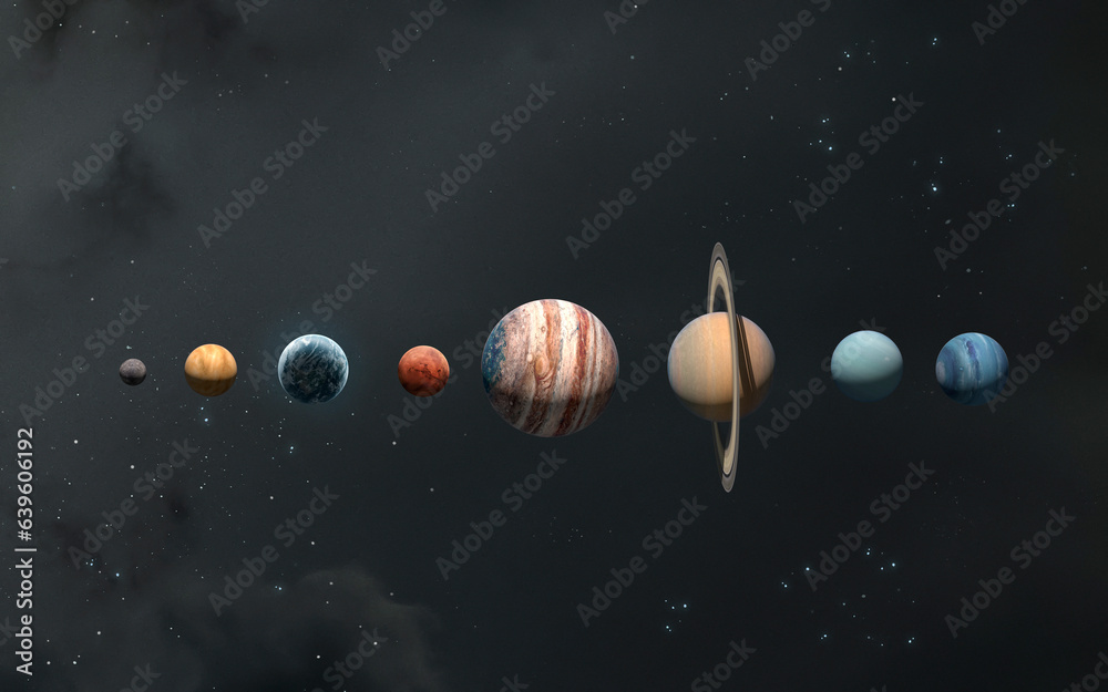 3D illustration of Solar system planets and objects. Sun, Mercury, Venus, planet Earth, Mars, Jupiter, Saturn, Uranus, Neptune. 5K realistic science fiction art. Elements of image provided by Nasa