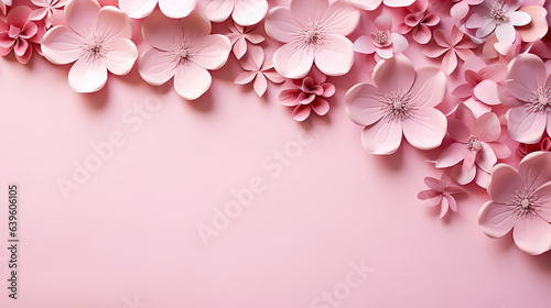 Valentine s Day background  Frame made of pink flowers  hearts on pastel pink. Generative Ai