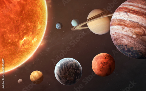 Obraz na płótnie 3D illustration of Solar system planets and objects. Sun, Mercury, Venus, planet Earth, Mars, Jupiter, Saturn, Uranus, Neptune. 5K realistic science fiction art. Elements of image provided by Nasa w salonie