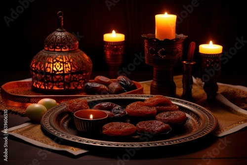 tasty oriental sweets, rahad delight, churchkhela, dates a mix of various nuts using copper dishes and bright fabrics on a beautyful background with candles. Ramadan