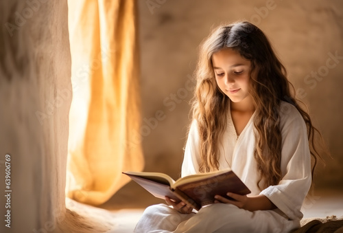 Fototapete Pretty girl reading holy bible book.