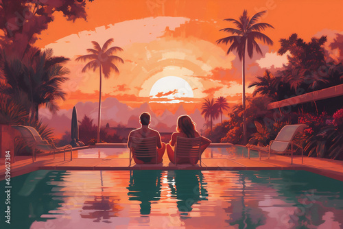 relax pool romantic honeymoon swimming couple vacation back travel sunset. Generative AI.