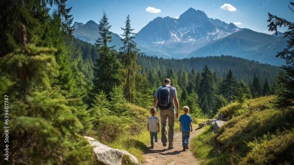 Family with little children climbing outside in summer nature strolling in Tall Tatras