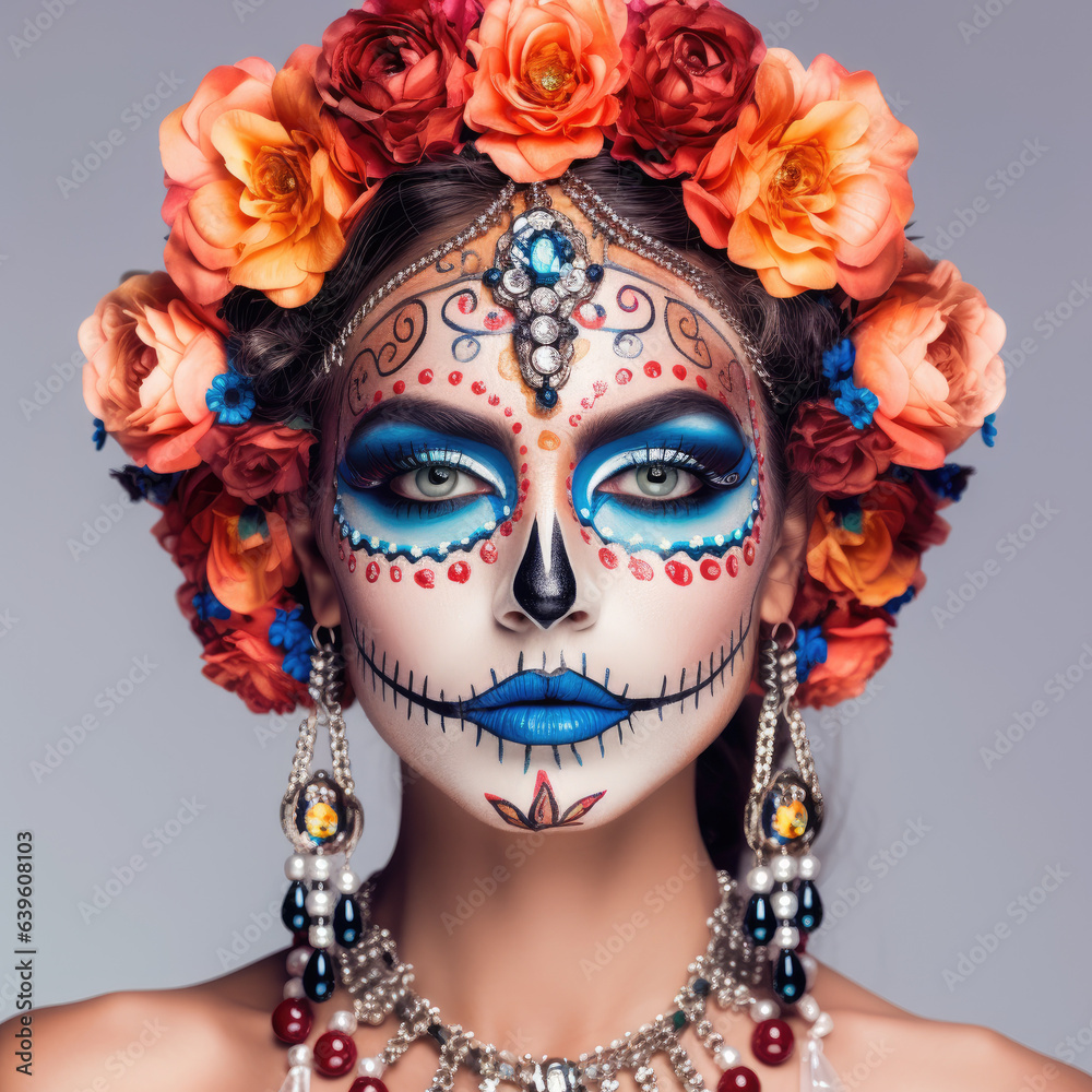 Portrait of a woman with sugar skull makeup over white background. Halloween costume and make-up. Portrait of Calavera Catrina