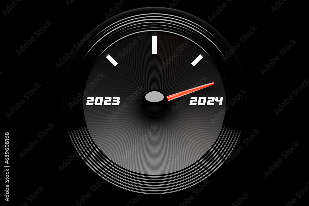 3D illustration close up black speedometer with cutoffs 2023,2024. The concept of the new year and Christmas in the automotive field. Counting months, time until the new year. - obrazy, fototapety, plakaty 