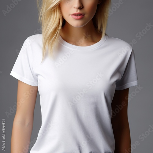 blonde female wearing white tshirt for mock up