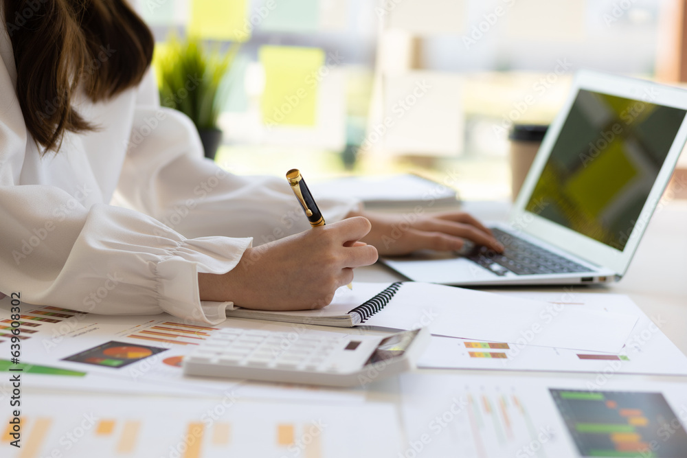 Businesswoman in the office working with project budget documents and analyzing financial charts.