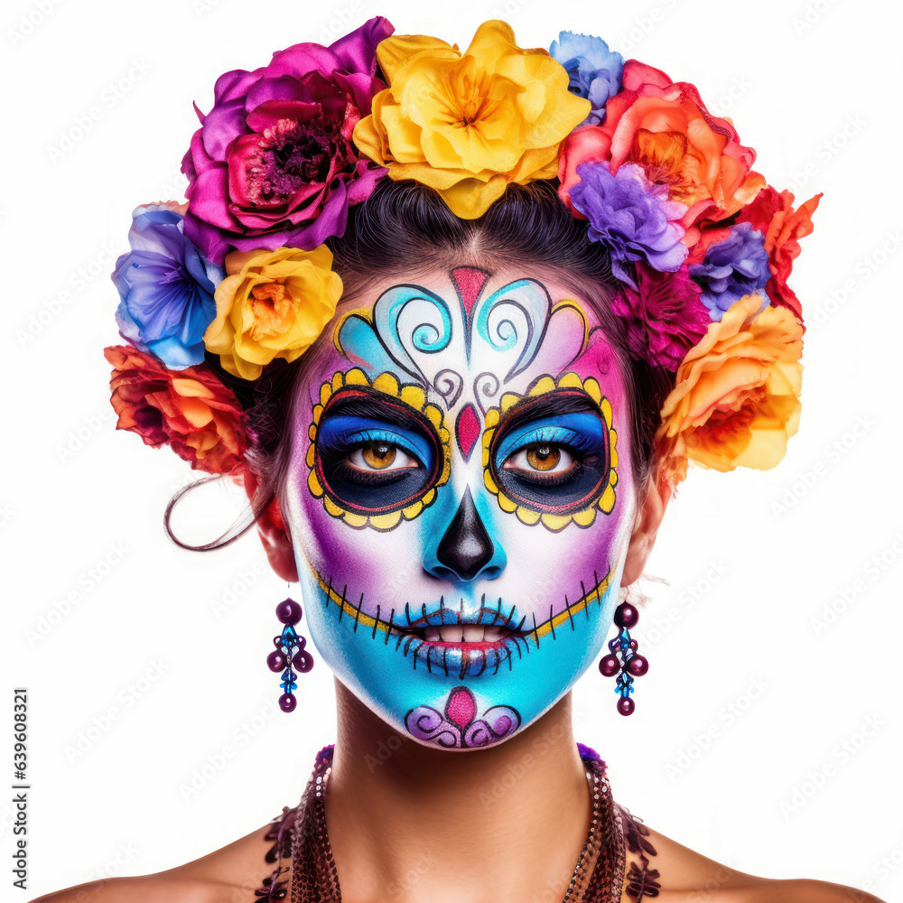Portrait of a woman with sugar skull makeup over white background. Halloween costume and make-up. Portrait of Calavera Catrina