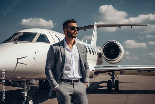 Businessman standing near private jet, AI Generated