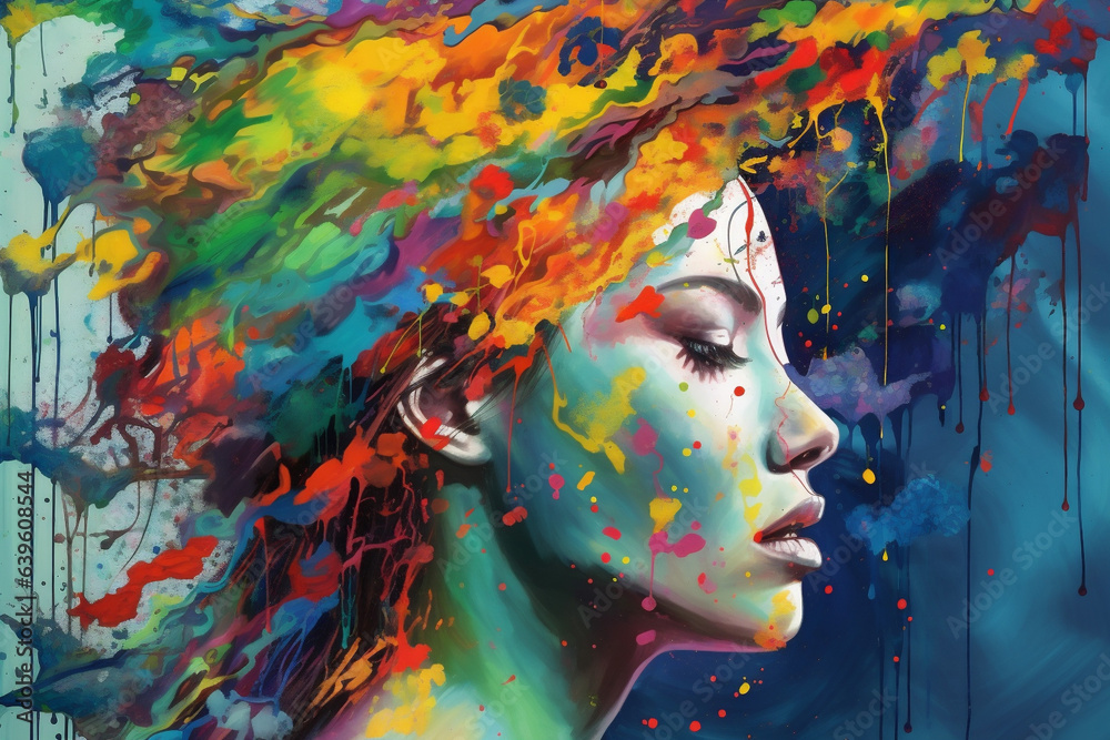 face woman illustration style art lip grunge colourful beauty watercolor portrait. Generative AI.
