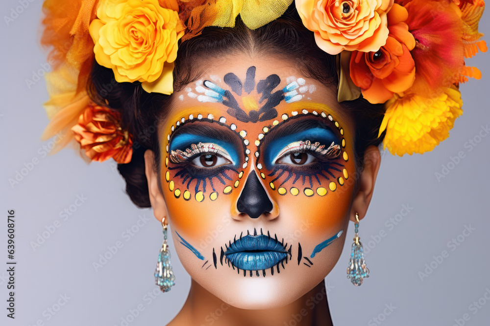 Portrait of a woman with sugar skull makeup over white background. Halloween costume and make-up. Portrait of Calavera Catrina