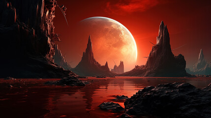 Keuken achterwand Bruin A red alien landscape with a red moon in the background, evoking a gothic and futuristic atmosphere.  © RISHAD