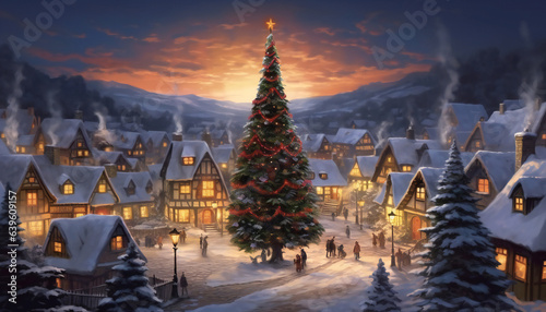 Beautiful Art Illustration of Christmas Tree in the Village © kilimanjaro 