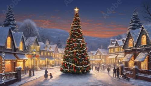Beautiful Art Illustration of Christmas Tree in the Village