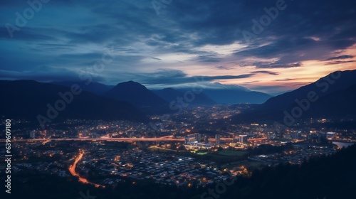 Cinematic aerial shot of a city just after sunset with stunning background