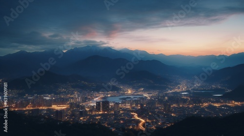Cinematic aerial shot of a city just after sunset with stunning background