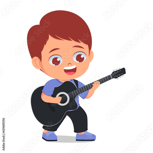 Cute boy playing guitar, happy expression