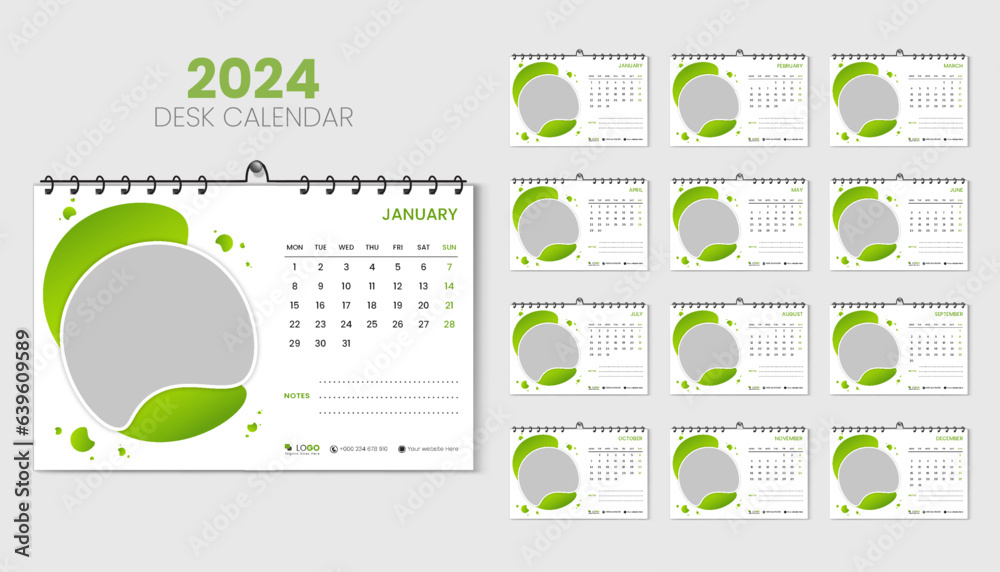 Travel desk calendar 2024 planner and corporate design template set, Annual calendar 2024 for 12 months, week starts Monday, abstract green gradient color shape with vector layout, printing, card