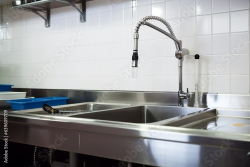 Clean and empty dishwashing area in the kitchen or hotel