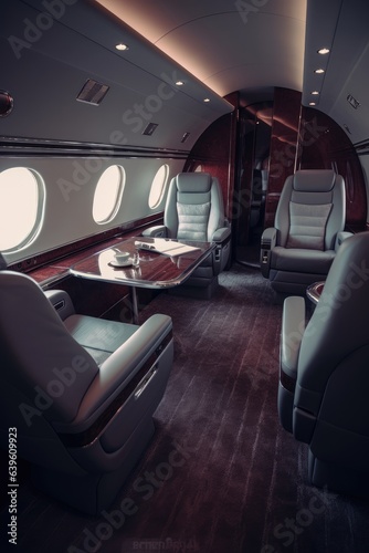 Luxury interior of genuine leather in the business jet, AI Generated © dark_blade