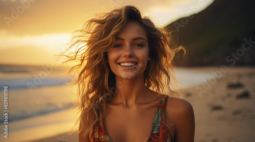 Beautiful girl on the beach, beautiful sunset.