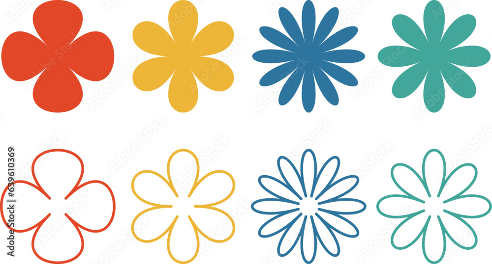 Colorful flat flowers isolated, Outline flowers Colorful flat flowers isolated, Outline flowers