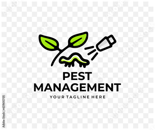 Pest management, spraying pesticide, sprayer, colored graphic design. Plant, agriculture, pest spray, insects and caterpillar, vector design and illustration