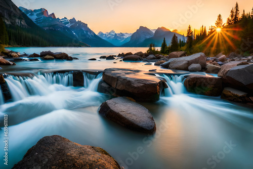 Canvas Print Tranquil moments at early morning on the stream river crashing rocks among the w