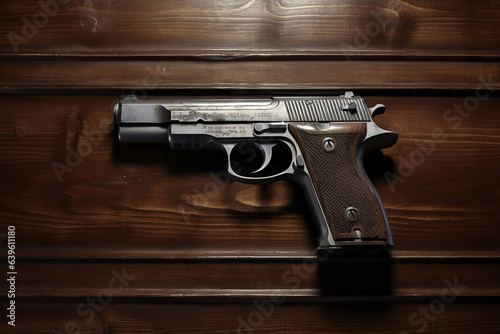 A pistol laying on a wooden table