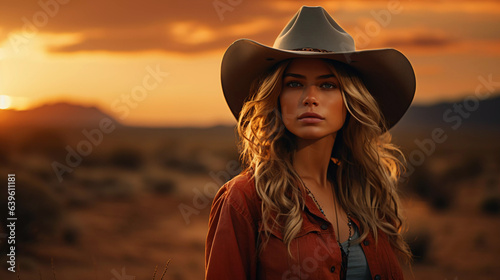 Beautiful girl with a smile on her face in a cowboy hat on the background of a beautiful sunset.