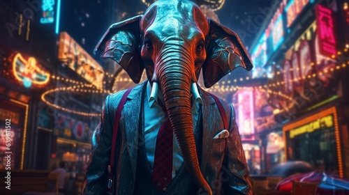 A cyberpunk elephant in a suit and tie.Generative AI