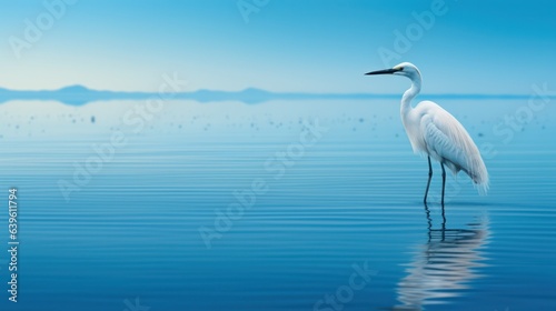 A white heron stands on shallow azure water. wildlife background in soft morning light. tranquility and tranquility.  © Margo_Alexa