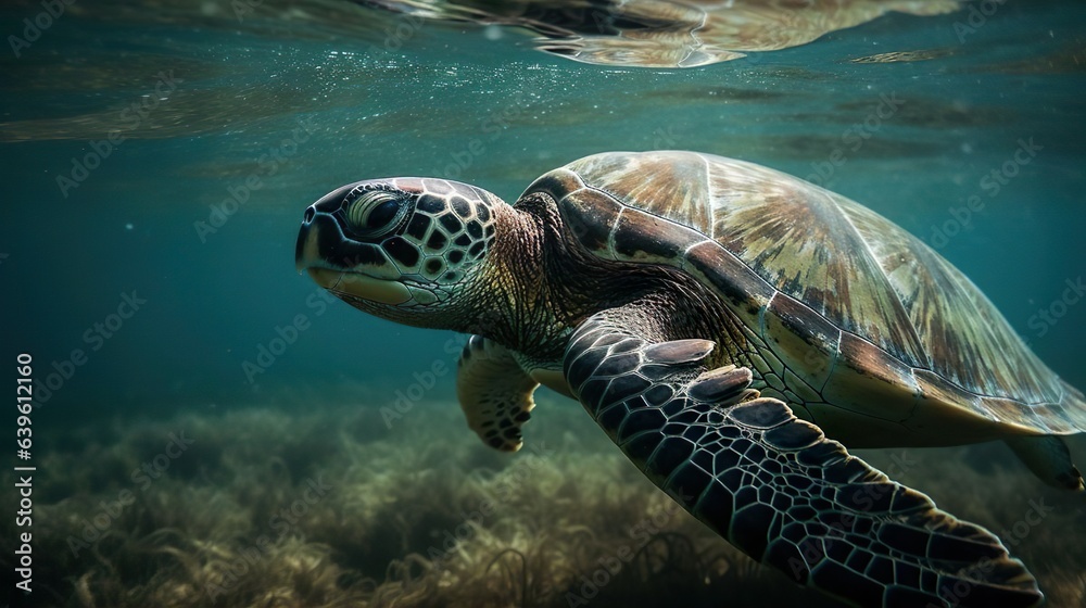 Obraz premium A giant green sea turtle spreads its paws and swims in the blue depths of the sea or the ocean. Close-up.