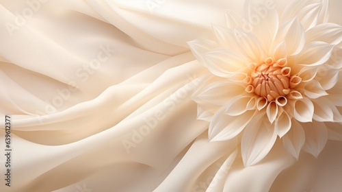  the velvety detail of a dahlia flower rests on a textured lightweight fabric.