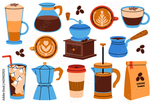 Coffee elements collection. Coffee supplies - french press, coffee maker, grinder, moka pot, cup, packaging, turkish etc. Flat vector illustration.
