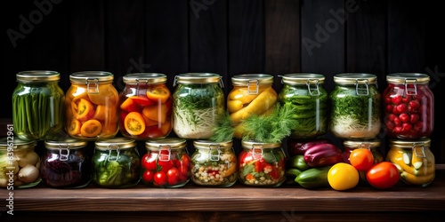 Fresh vegetables and fruits on a wooden table preparing for canning in glass jars. rustic style. 