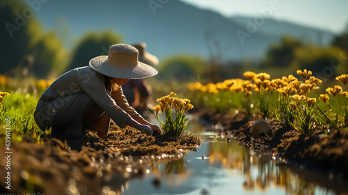 Two women cultivating rice fields with hats, in the style of light beige and yellow, zeiss batis 18mm f/ 2. 8, representational realism, © Dushan