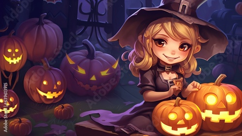 fille en cartoon avec halloween fond pour flyer et fond d'cran avec un coté mystérieux avec des citrouilles et du brouillard 