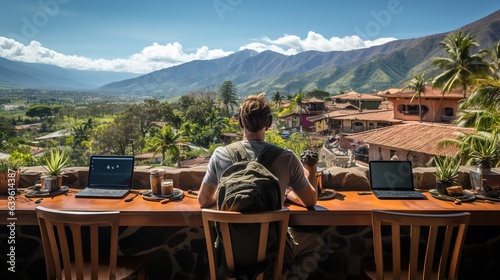 Young Digital Nomad Embracing the Laptop and Mobile Lifestyle in Colombia, Remote Work and Exploration 