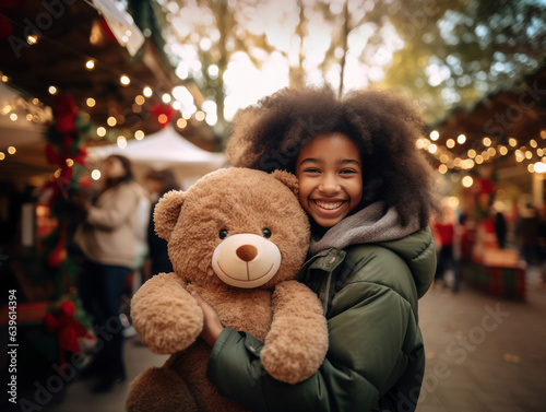 Happy girl with teddy bear, Christmas festival