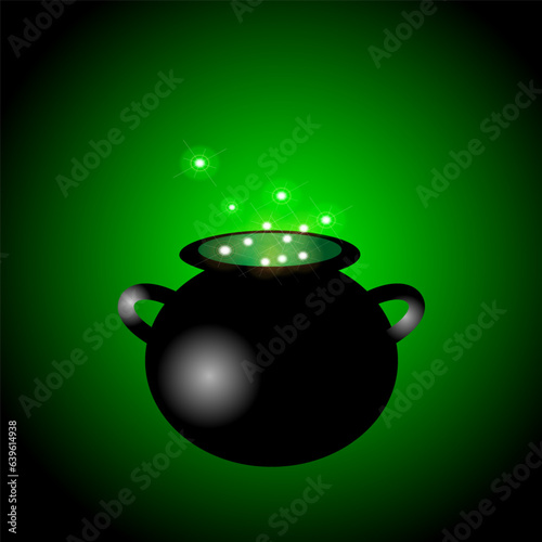 Happy Halloween, witch cauldron magic potion, green glowing gradient 3d vector EPS10.